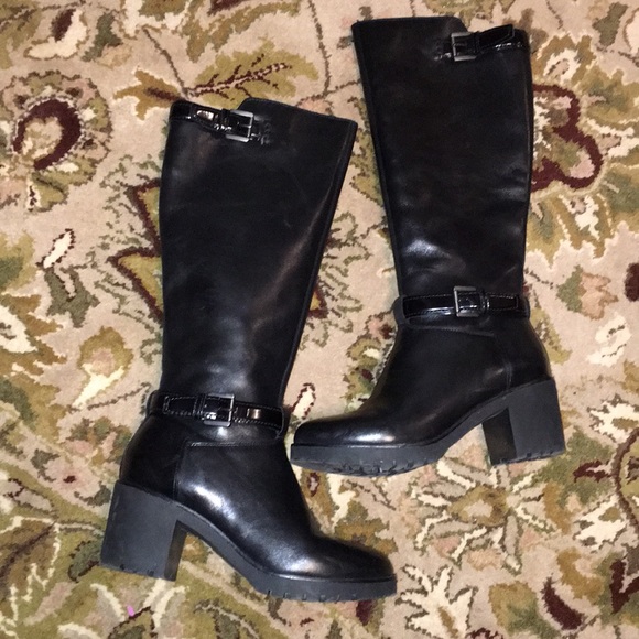 GEOX BLACK LEATHER CHUNKY HEEL KNEE HI BOOTS EUC - Picture 2 of 8